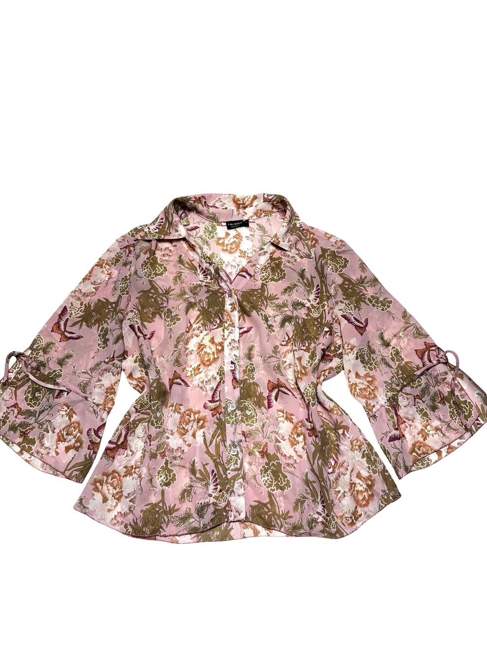 Tribal Pink Floral Button Front 3/4 Length Sleeve Peplum Blouse Size 12